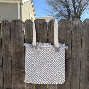 Woven Tote Bag In Gray/White Geo Pattern With Fringe Detail Shoulder Bag